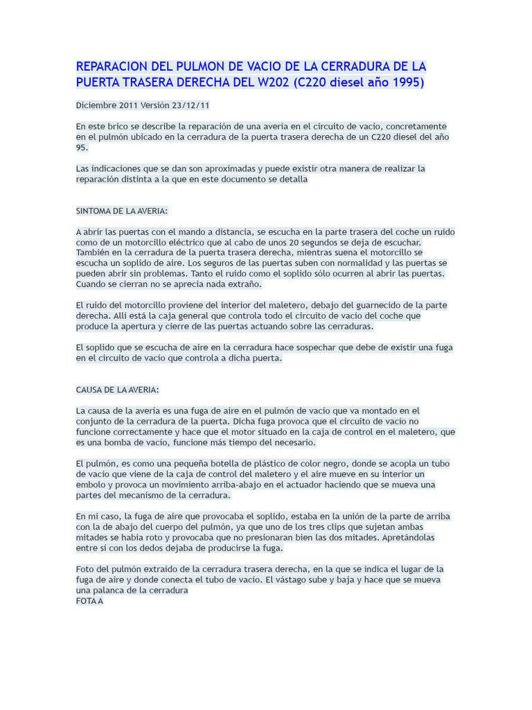 Reparacion Del Pulmon de Vacio de La Cerradura de La Puerta Trasera