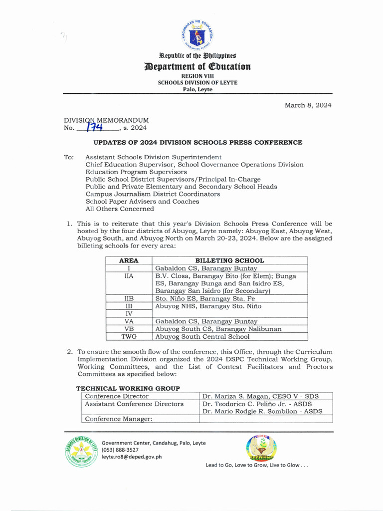 DM No. 174, S. 2024 UPDATES OF 2024 DIVISION SCHOOLS PRESS CONFERENCE | PDF
