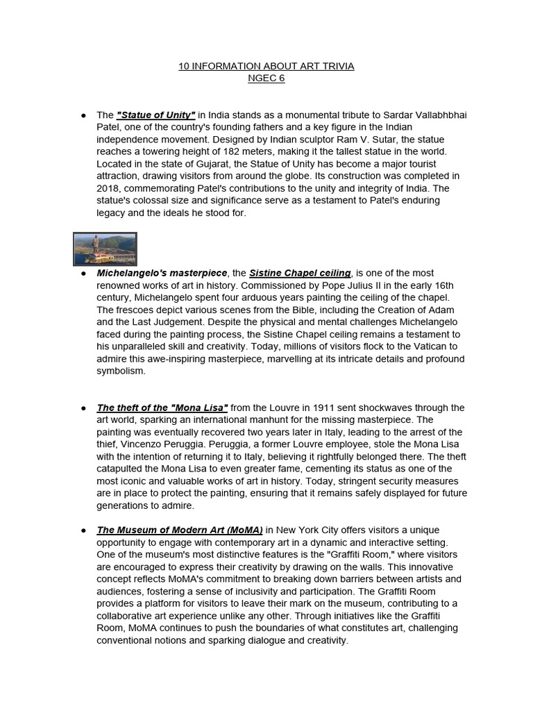 Art Trivia Pdf Michelangelo The Arts