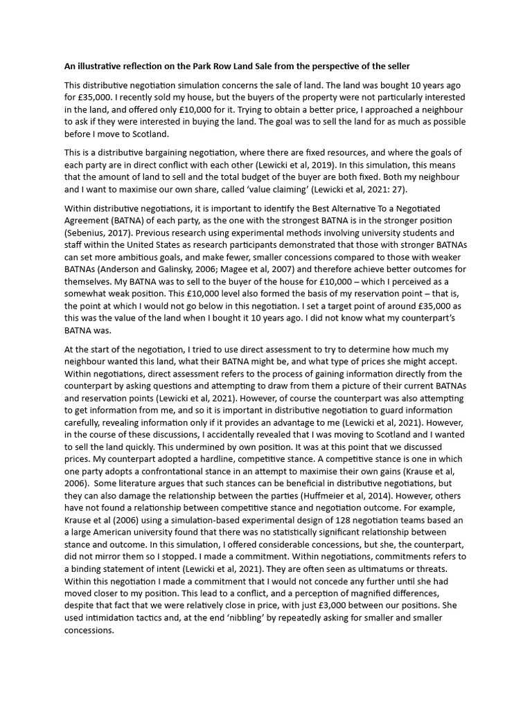 Park Row Land Sale Negotiation Insights | PDF | Negotiation | Bargaining