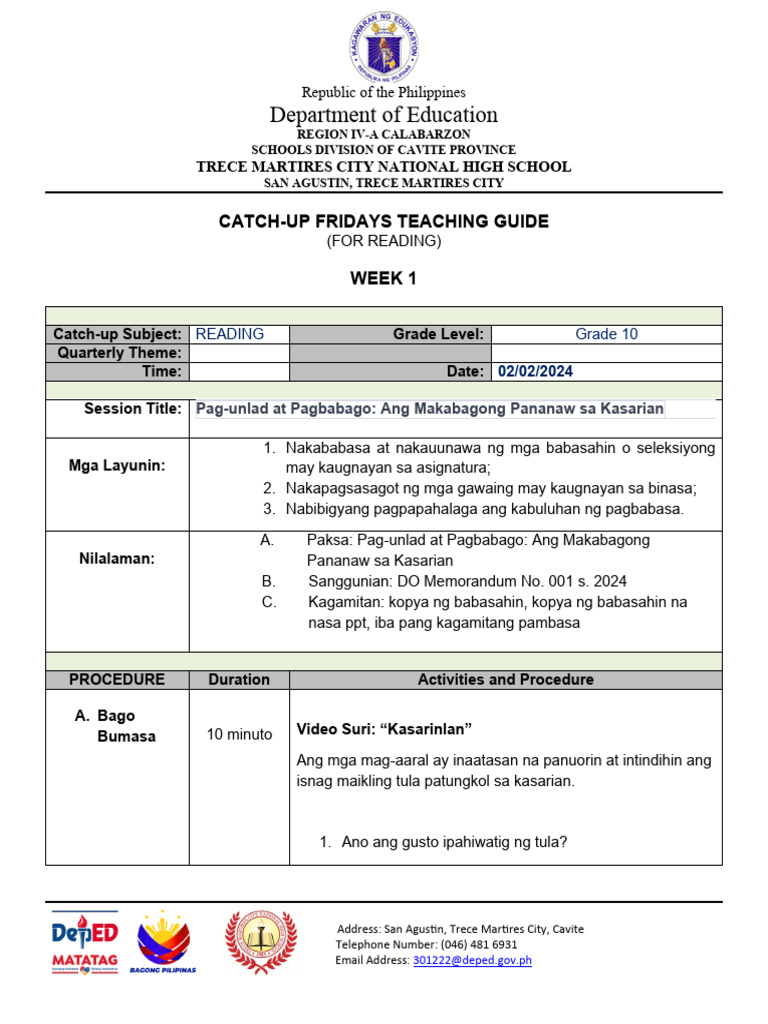 Catch Up Reading Template Tagalog | PDF