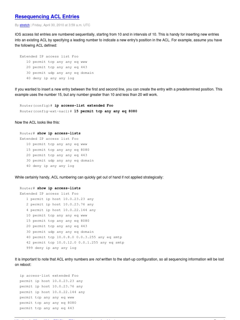 Resequencing Cisco ACL Entries | PDF | Transmission Control Protocol ...