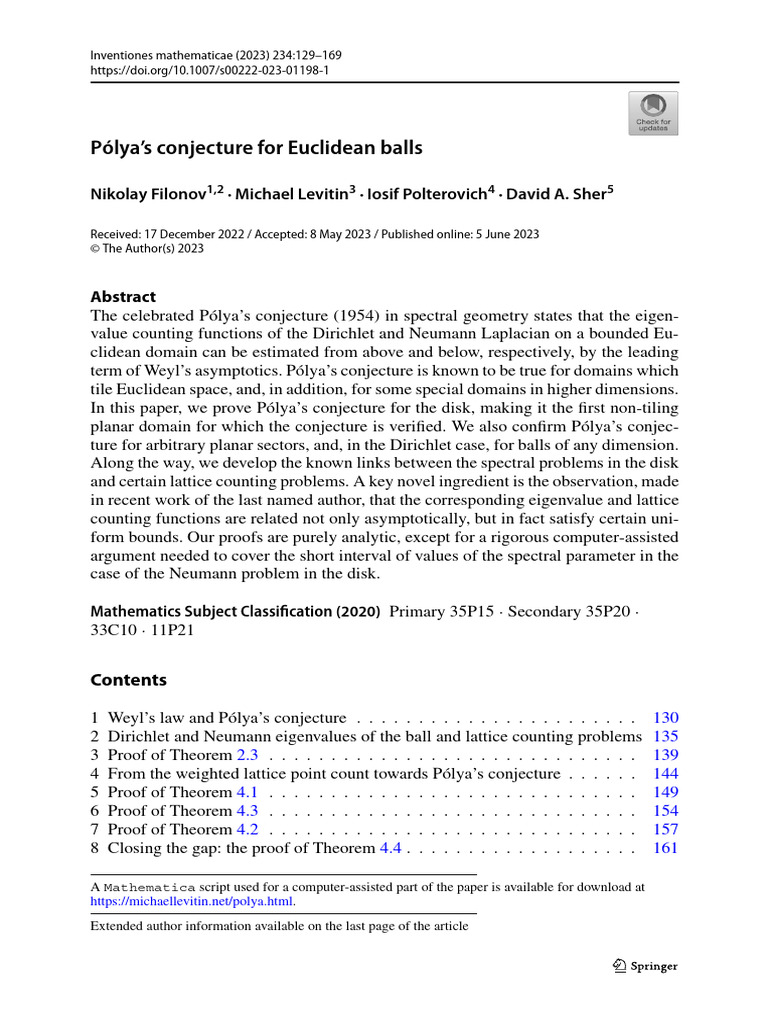 Pólya's Conjecture for Euclidean Balls | PDF | Conjecture | Function ...