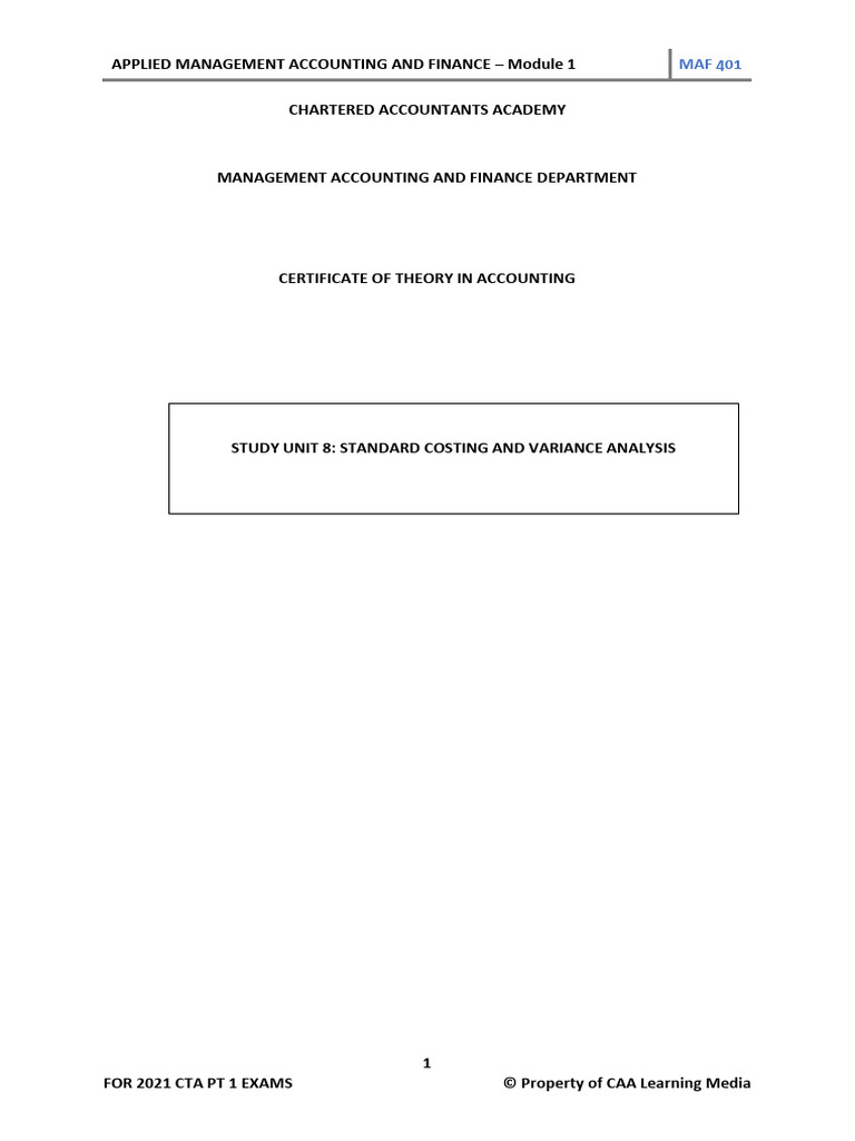 Standard Costing And Variance Analysis Test Bank Cpar