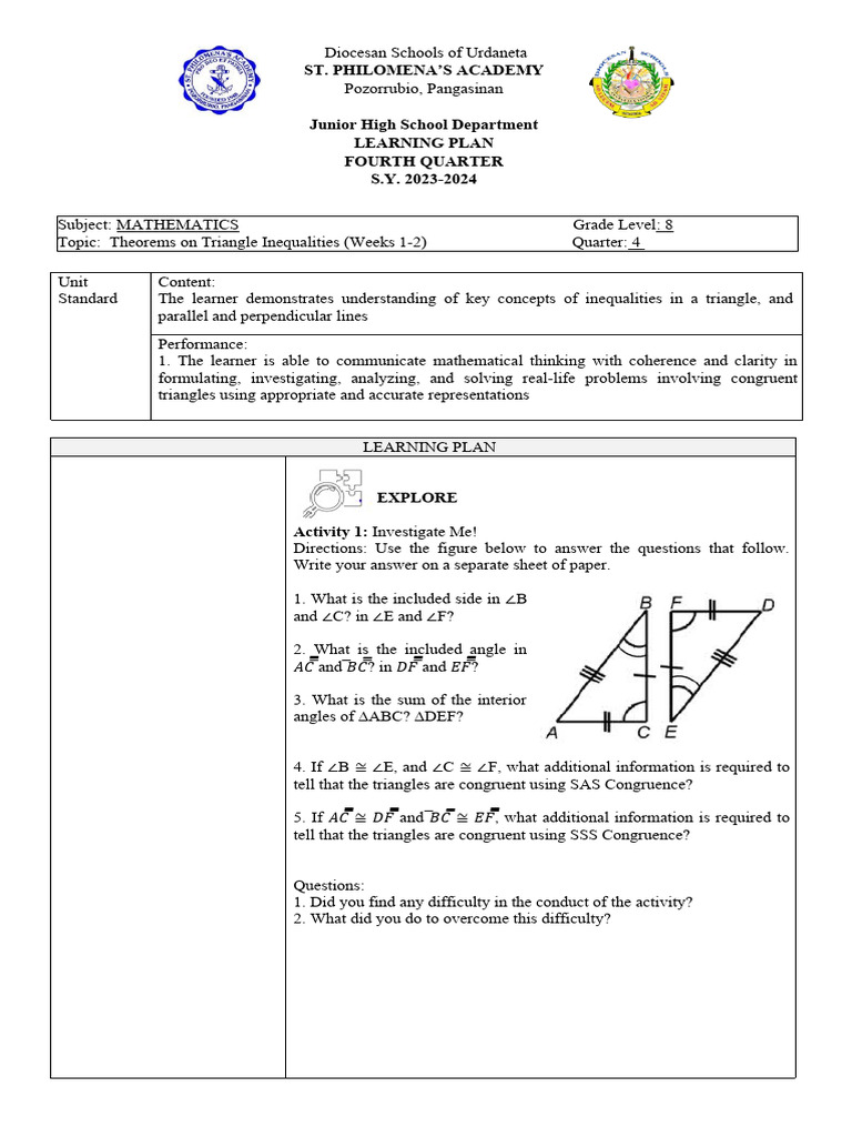 Grade 8 Math Learning Plan: Quarter 4 | PDF | Triangle | Mathematics