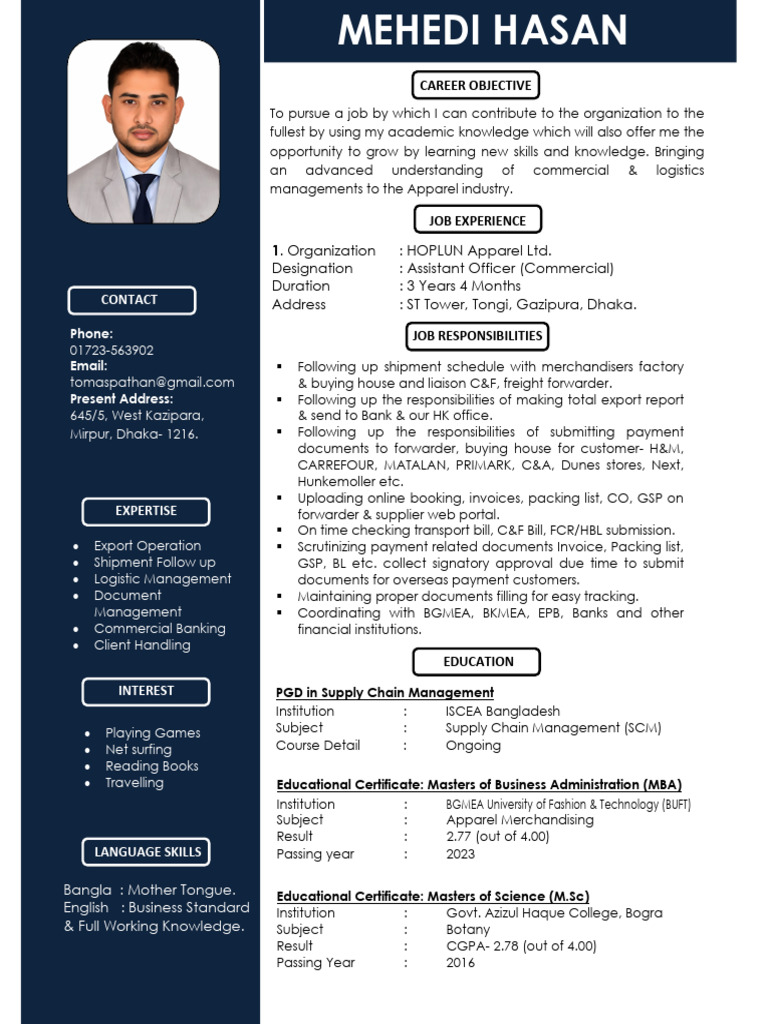 CV for Apparel Merchandiser in BD | PDF | Logistics