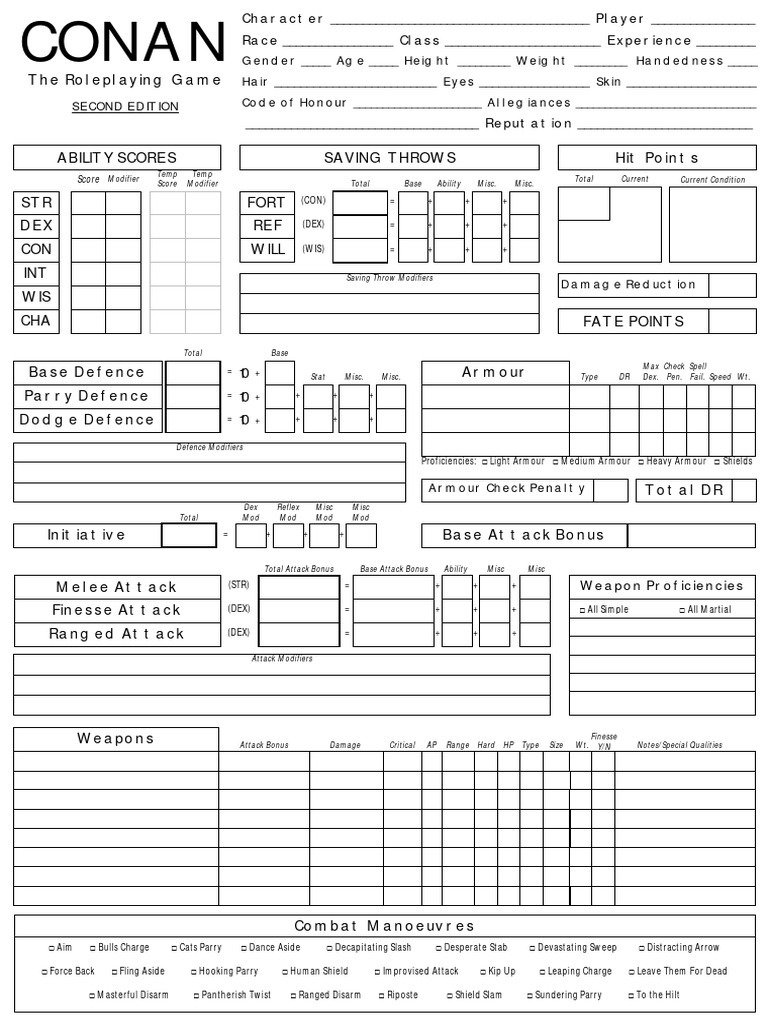 Rulebook - D20 Conan Character Sheet | PDF | Gaming | Role Playing