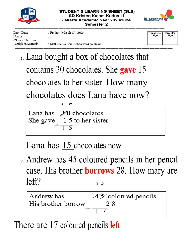 The Answer For Sls Math 8-3-2024 Subtraction Word Problems | PDF | Home ...