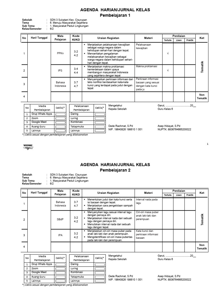 Jurnal Harian Kelas 6 Kurikulum Merdeka | PDF