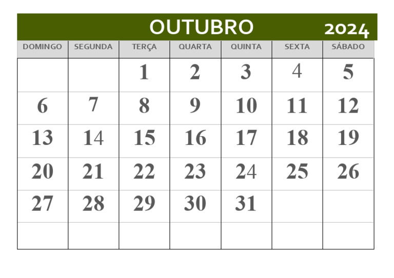 Calendário de Outubro de 2024 | PDF