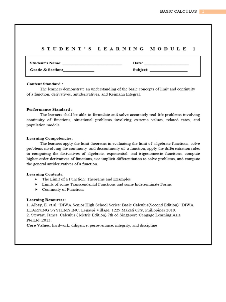 Basic Calculus Module | PDF | Function (Mathematics) | Limit (Mathematics)