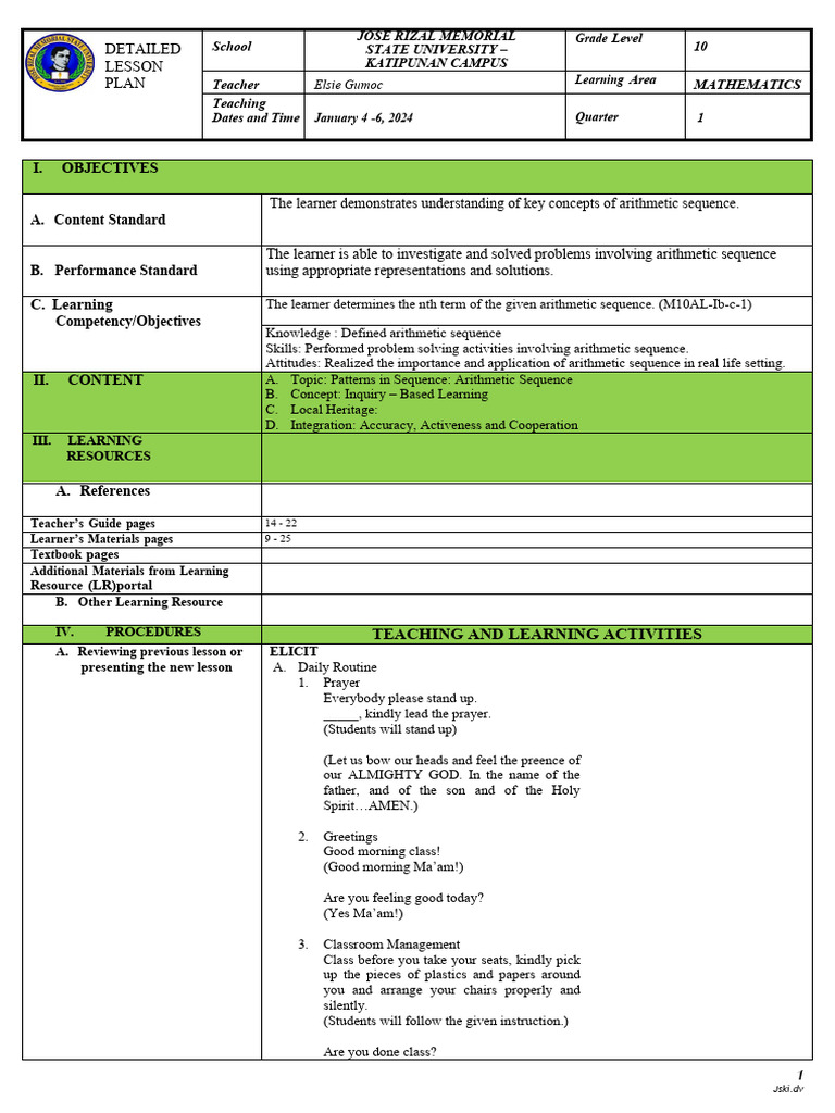 Arithmetic Sequence Lesson Plan | PDF | Learning | Arithmetic