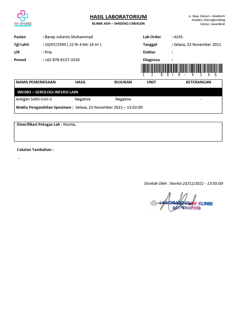 Hasil Lab Covid-19 Pasien Barep Julianto | PDF