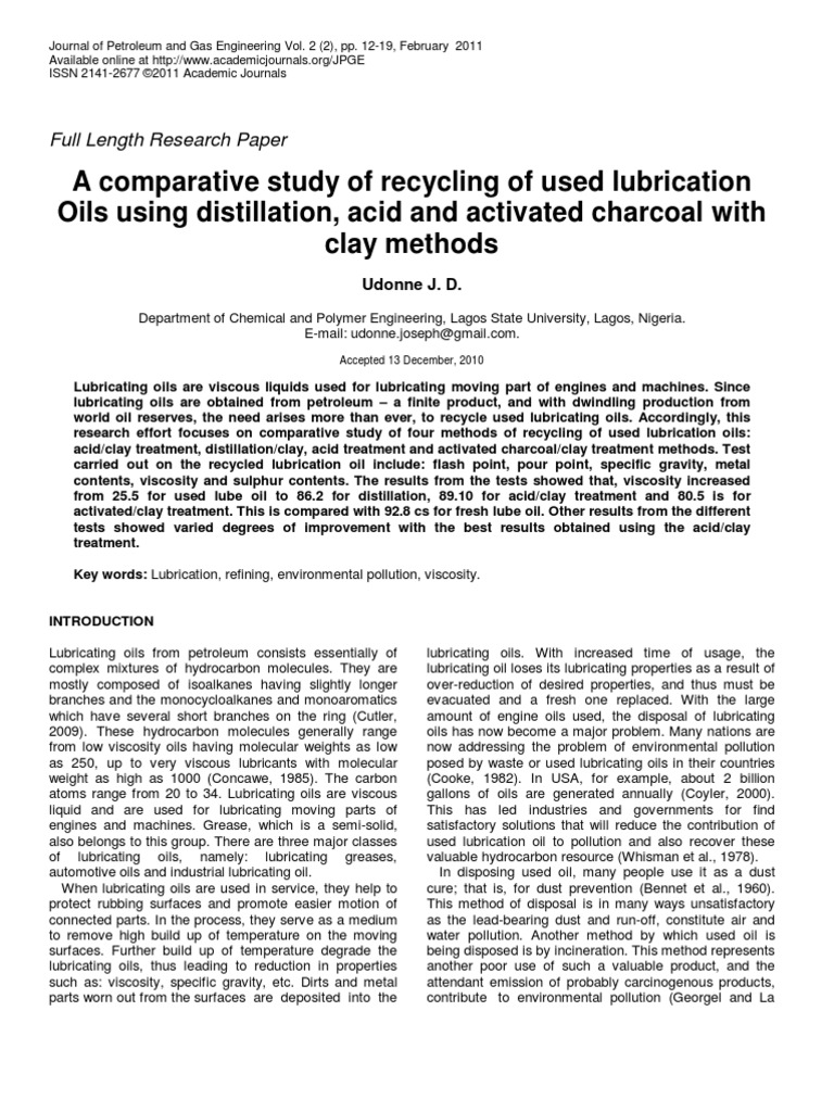 A Comparative Study of Recycling of Used Lubrication OILS | PDF ...