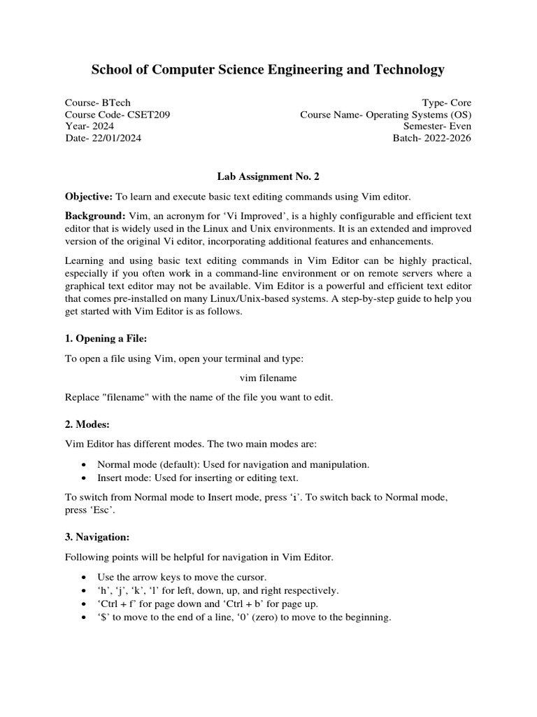 Vim Editor Basics for Lab Assignment | PDF | Operating System | Software