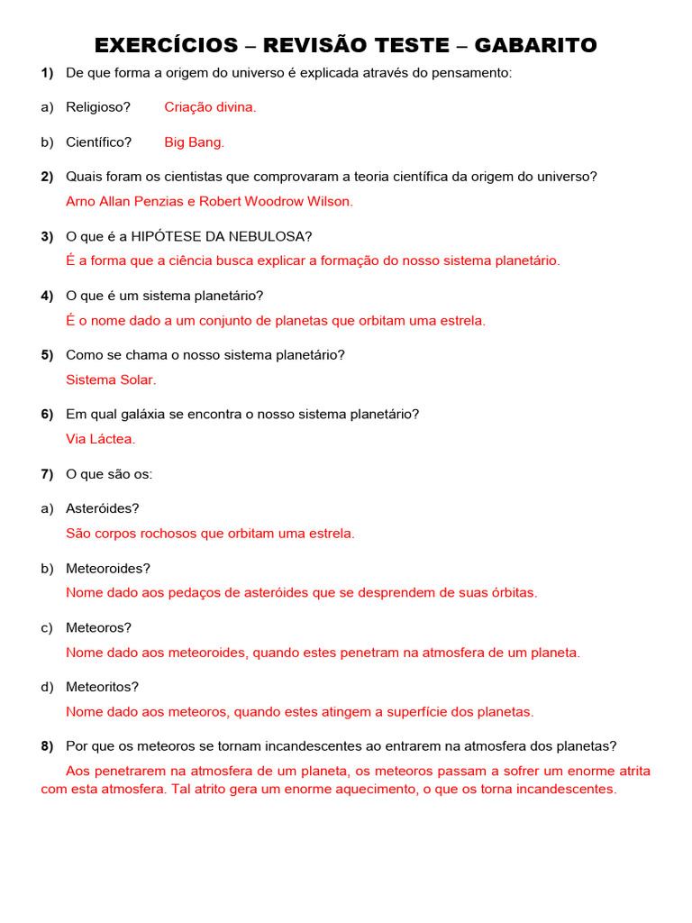 Gabarito - Exercícios - Revisão Teste - 1º Bimestre | PDF