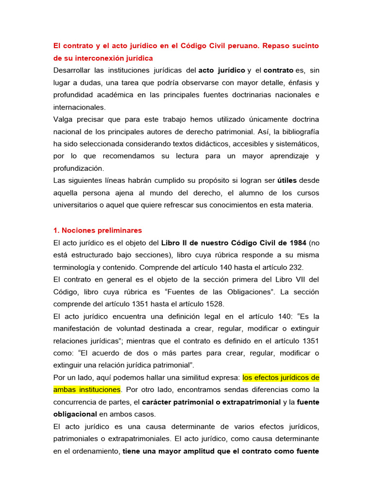 LECTURA .El Contrato y El Acto Jurídico en El Código Civil Peruano ...