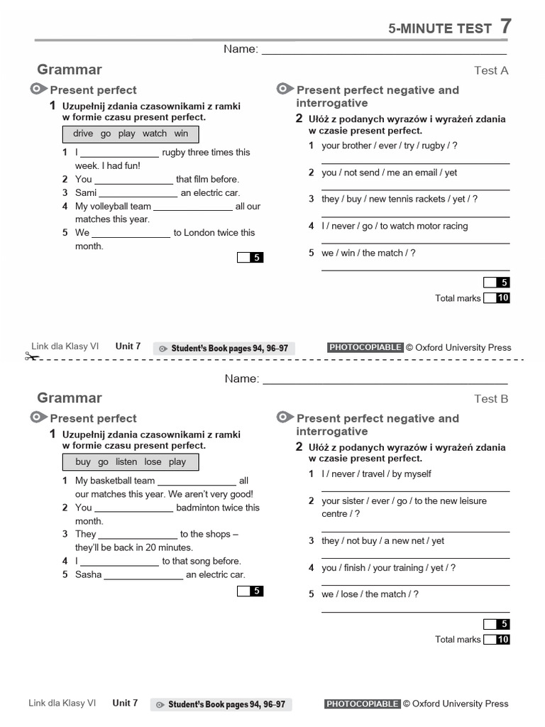 Link L6 U7 5min Test Grammar | PDF | Sports