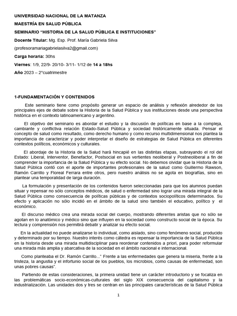 Programa HISTORIA De La Salud Pu Blica Y Sus Instituciones 4 1 1 