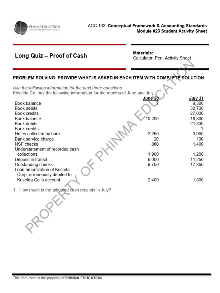 Proof of Cash Quiz for ACC 103 | PDF | Debits And Credits | Banks