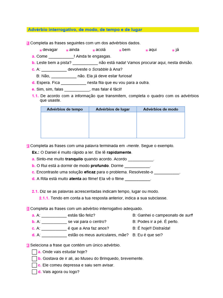 Adverbios 5 ano Ficha | PDF
