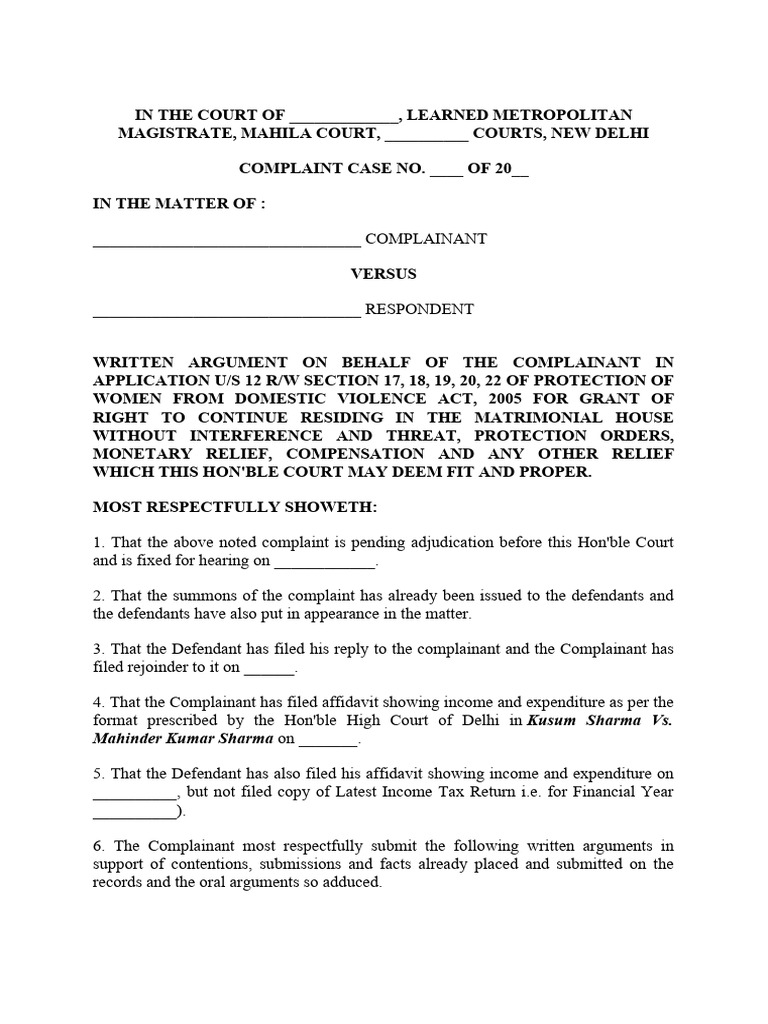 written-submission-format-for-domestic-violence-complaint-under-section