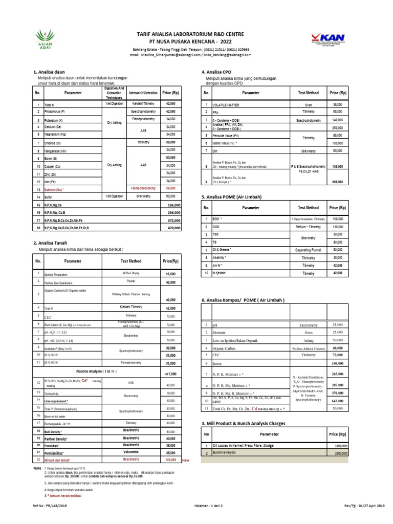 Laboratory Price List 2022 PDF Titration Chemistry