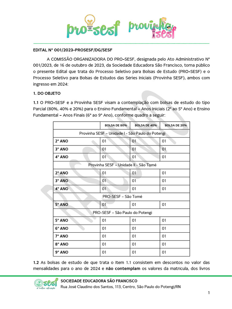 Edital de Bolsas SESF 2024 | PDF