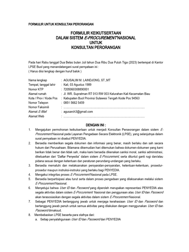 Formulir E-Procurement Konsultan | PDF