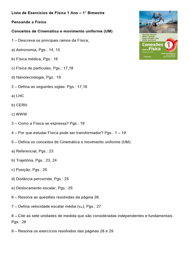 Lista de Exercícios de Física 1° Ano - 1° Bimestre | PDF