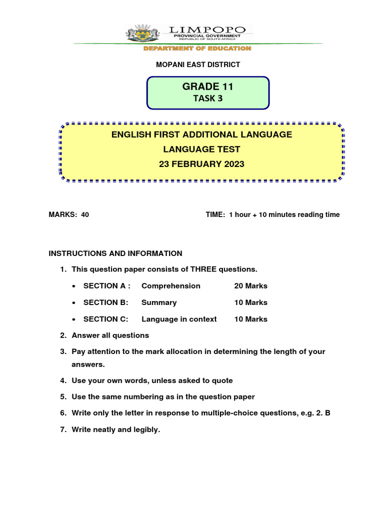 Grade 11 English Language Test Guide | PDF | English Language | Grammar