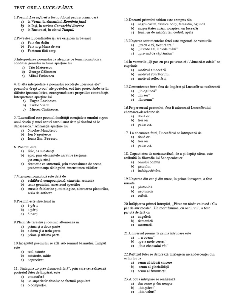 Test Grila Luceafarul | PDF