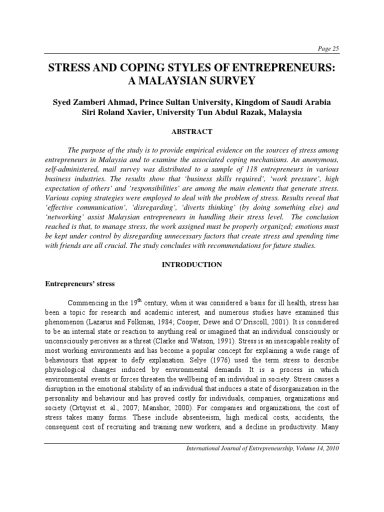 Stress and Coping Styles of Entrepreneurs: A Malaysian Survey | PDF ...