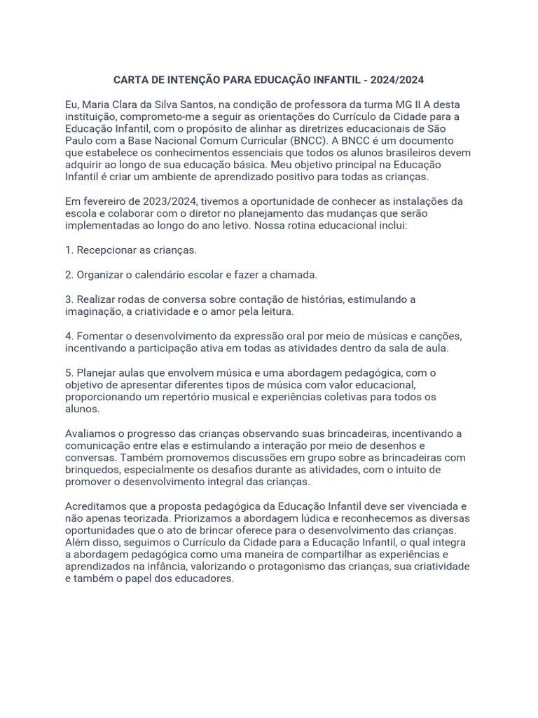 Carta de Intencao para Educacao Infantil | PDF | Pedagogia | Pré-escola
