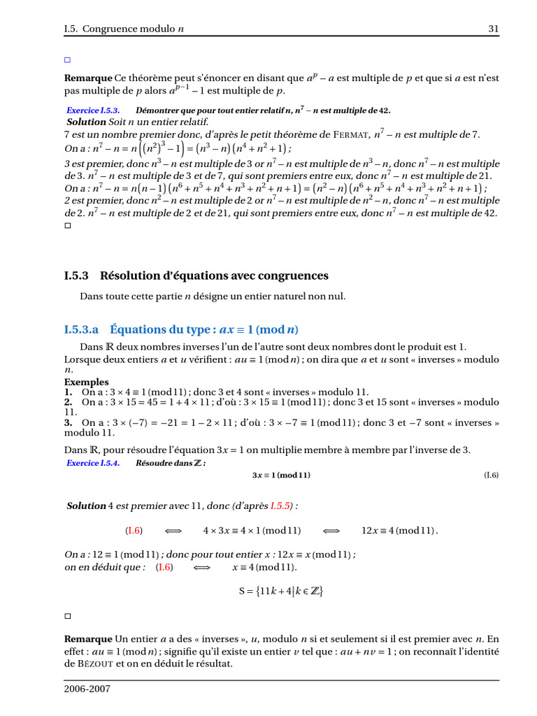 Congruences et inverses modulo n | PDF | Mathématiques | Théorie des ...