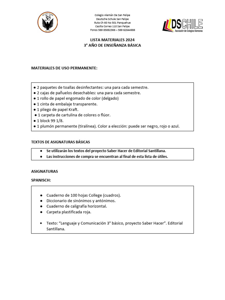 Lista de Materiales 3° Básico 2024 | PDF
