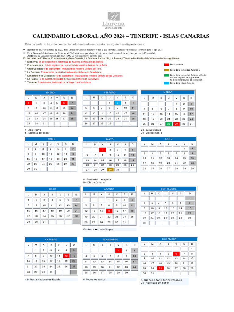 Calendario Laboral Año 2024 | PDF | Islas Canarias | Fiestas cristianas ...