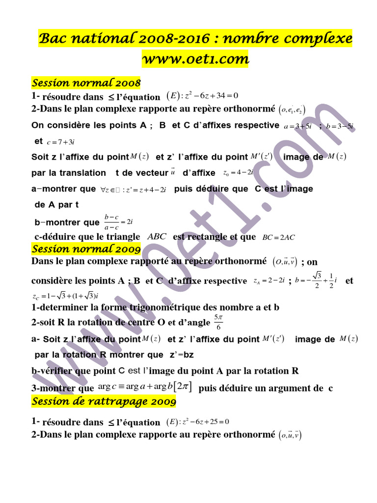 Bac National : Équations Complexes 2008-2016 | PDF | Nombre complexe ...
