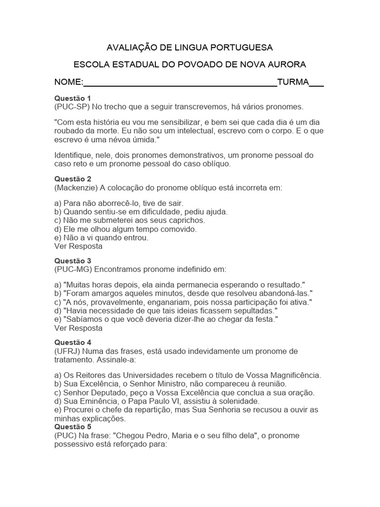 Avaliação de Lingua Portuguesa | PDF