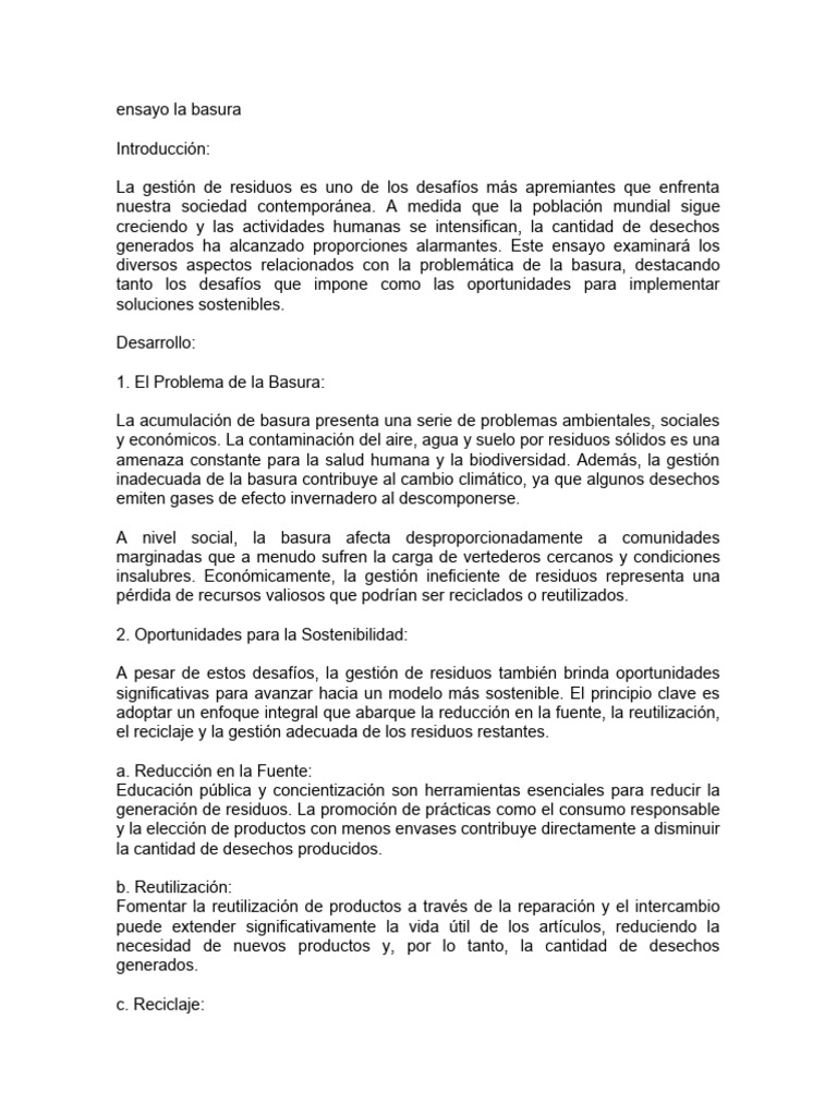 Ensayo La Basura | PDF | Residuos | Gestión de residuos