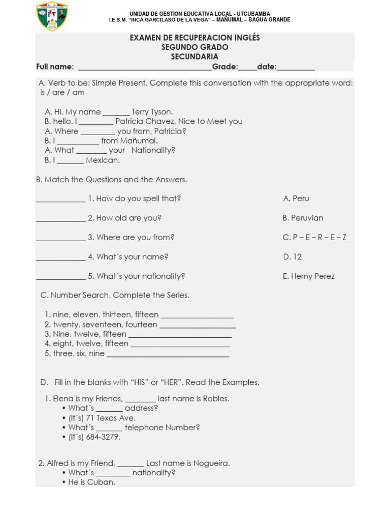 Examen de Recuperación Inglés 2° Secundaria | PDF | Language Mechanics ...