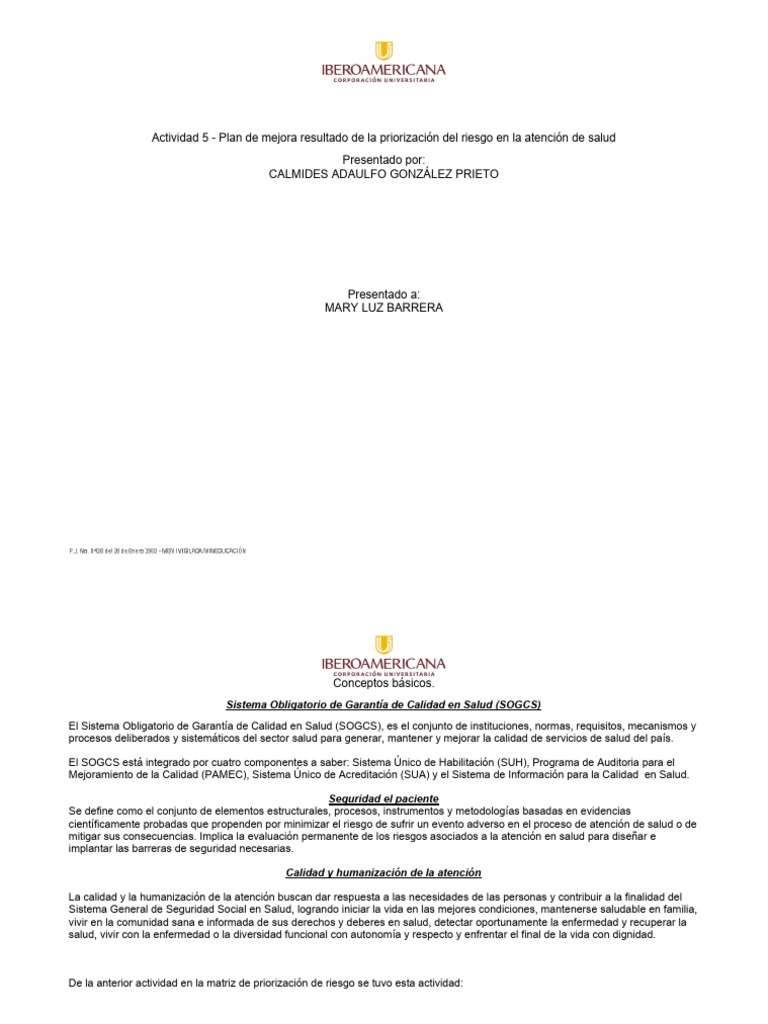 Plan de Mejora en Atención de Salud | PDF | Calidad (comercial ...