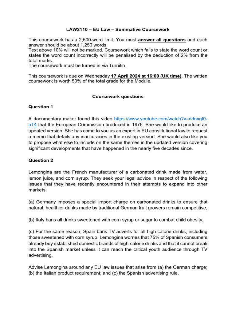 EU Law Coursework Guidelines and Topics | PDF | European Union Law