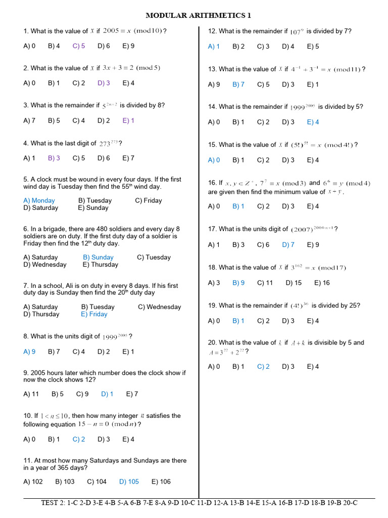 Modular Arithmetic Quiz | PDF | Mathematics | Arithmetic