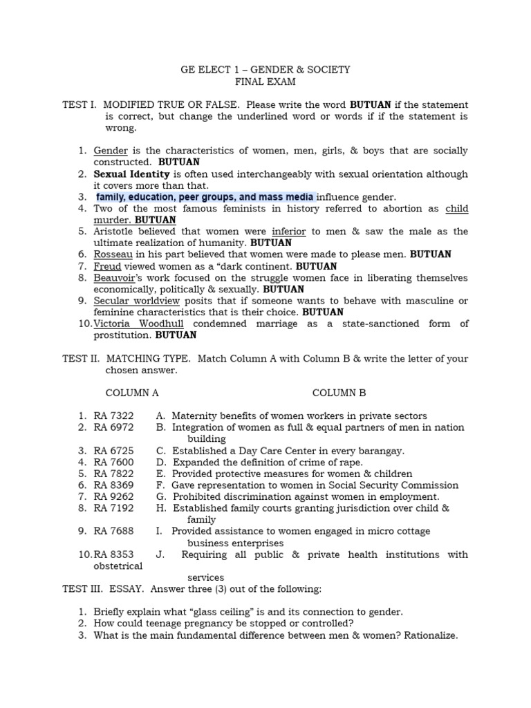 Gender and Society Final Exam Guide | PDF | Social Science