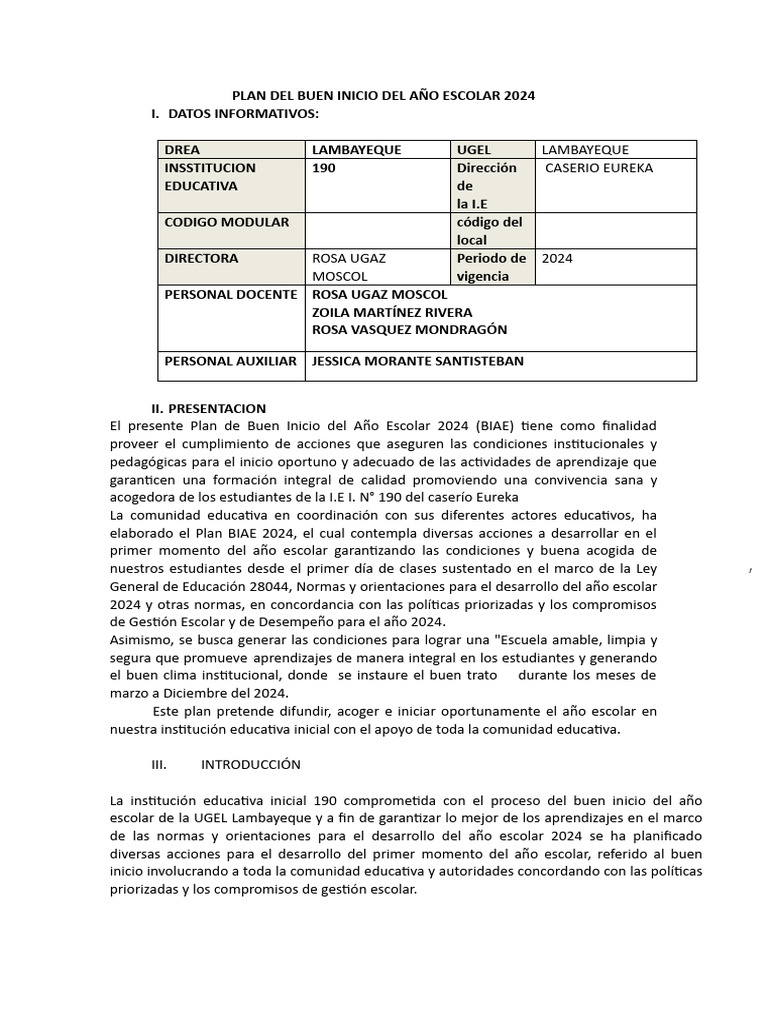 Plan de Buen Inicio Escolar 2024 | PDF | Enseñando | Escuelas