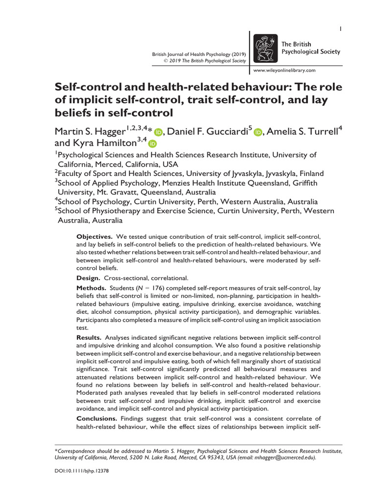 Self-Control's Impact on Health Behaviors | PDF | Self Control | Self ...