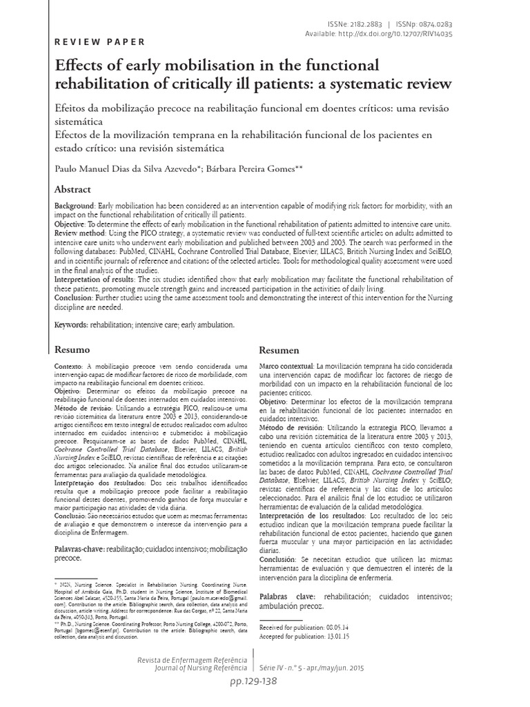 Effects of Early Mobilisation in The Functional Rehabilitation of ...