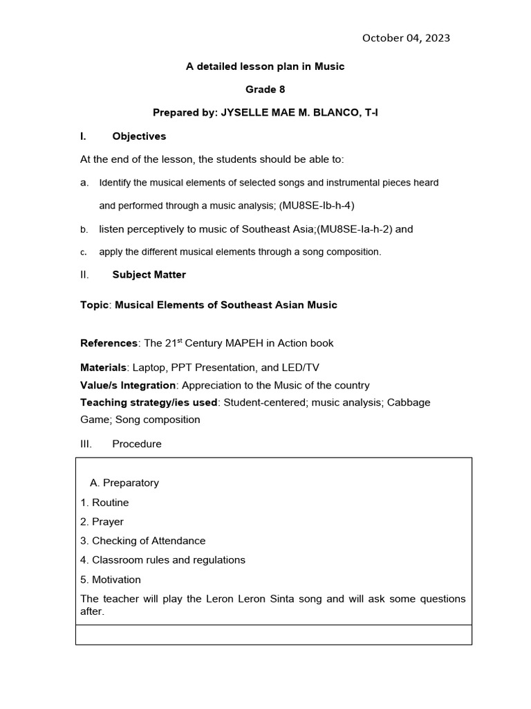 A Detailed Lesson Plan in Music 8 - Oct 4 | PDF | Rhythm | Lesson Plan