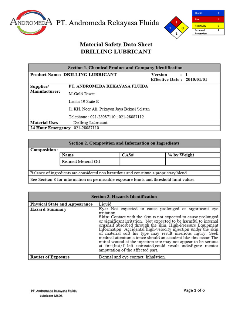 MSDS Drilling Lubricant | PDF | Personal Protective Equipment | Combustion